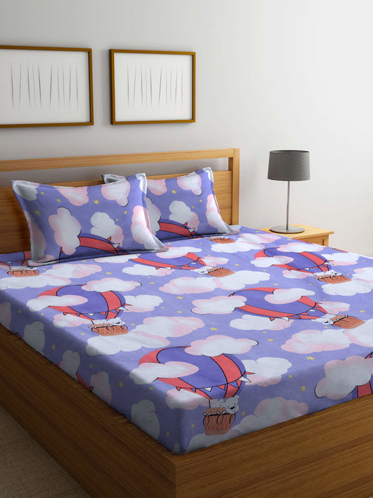Klotthe Multicolor Cartoon Characters 300 TC Cotton Blend Fitted Double Bedsheet with 2 Pillow Covers