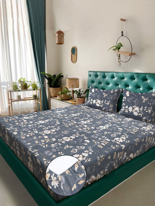 Grey Floral 300 TC Cotton Blend Fitted Double Bedsheet with 2 Pillow Covers