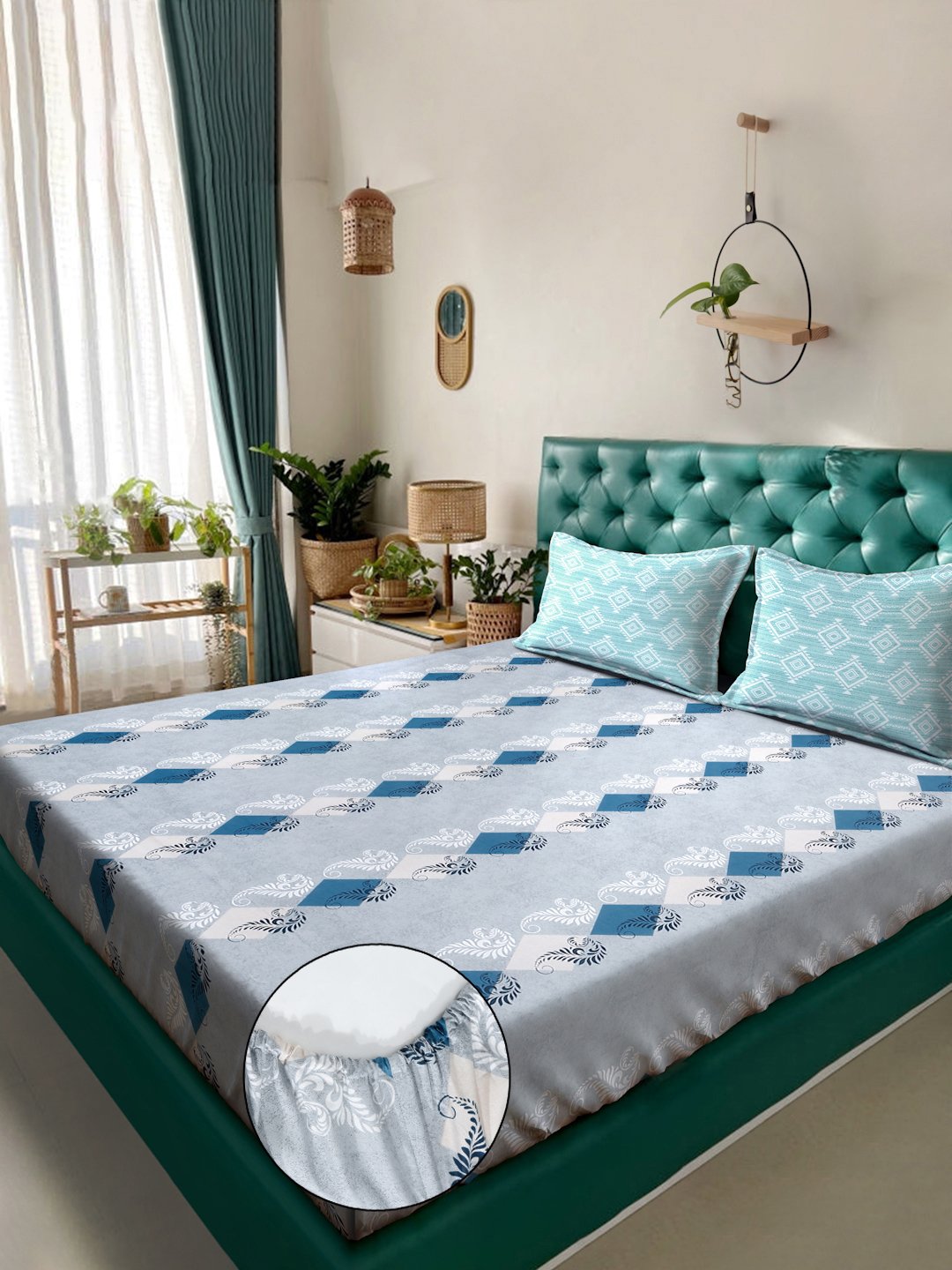 Grey Geometric 400 TC Pure Cotton Fitted Double Bedsheet with 2 Pillow Covers