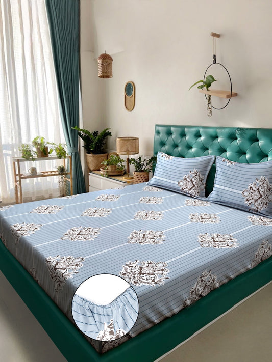 Grey Ethnic Motifs 300 TC Cotton Blend Fitted Double Bedsheet with 2 Pillow Covers