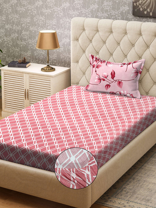 Klotthe Red Geometric 300 TC Cotton Blend Fitted Single Bedsheet with Pillow Cover