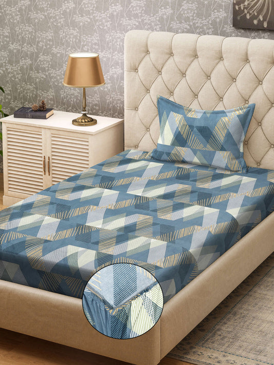 Klotthe Turquoise Abstract 300 TC Cotton Blend Fitted Single Bedsheet with Pillow Cover