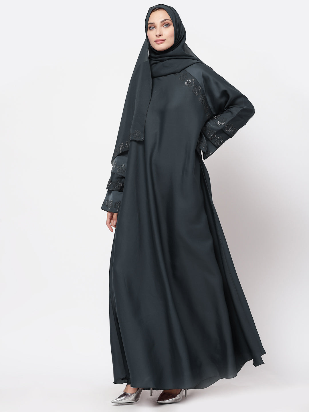 Klotthe Women Grey Embellished Burqa With Scarves