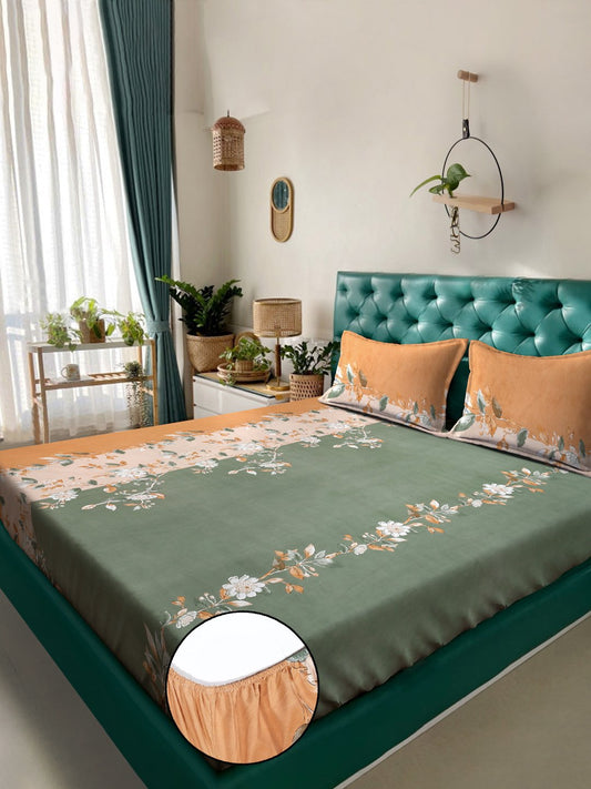 Green Floral  300 TC Cotton Blend Fitted Double Bedsheet with 2 Pillow Covers