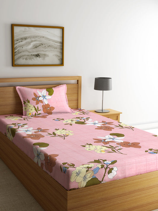 Klotthe Pink Floral 300 TC Cotton Blend Single Bedsheet with Pillow Cover