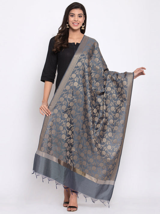 KLOTTHE Women Grey Floral Silk Blend Dupatta (230 cm X 90 cm)