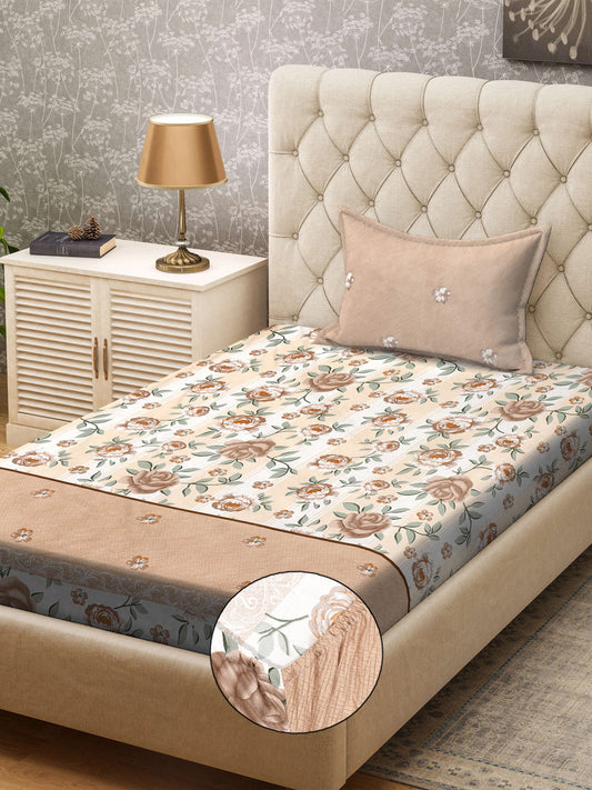 Klotthe Brown Floral 300 TC Cotton Blend Fitted Single Bedsheet with Pillow Cover