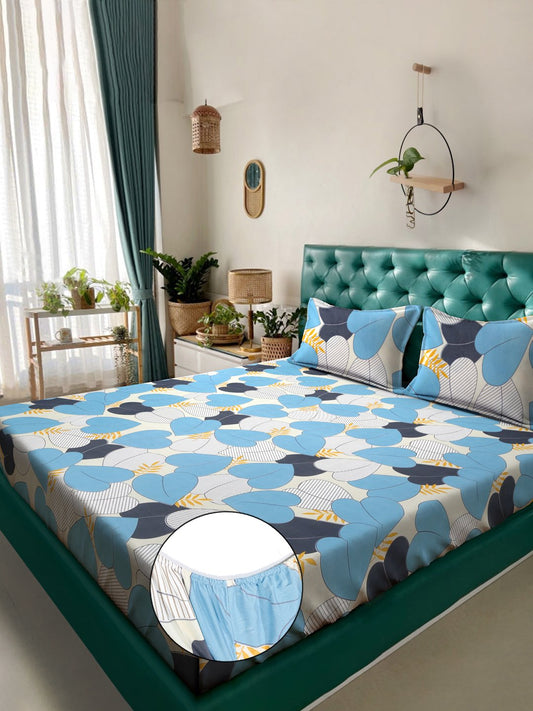 Blue Floral 300 TC Cotton Blend Fitted Double Bedsheet with 2 Pillow Covers