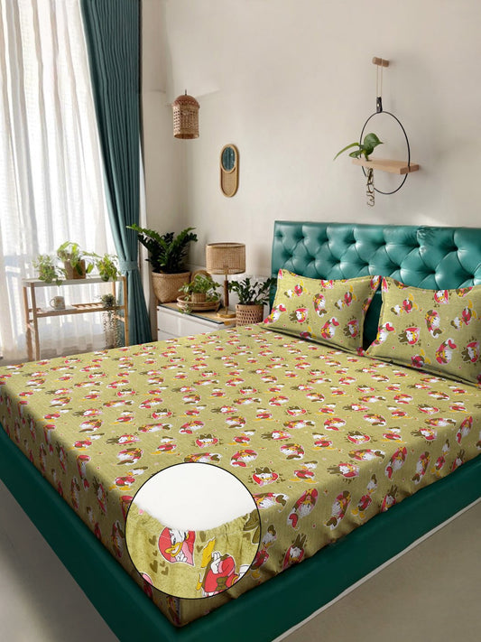 Green Cartoon Characters 400 TC Pure Cotton Fitted Double Bedsheet with 2 Pillow Covers