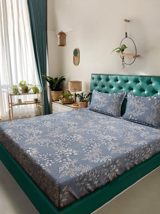 Grey Floral  300 TC Cotton Blend Fitted Double Bedsheet with 2 Pillow Covers