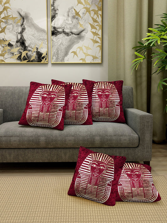 Klotthe Velvet Maroon Colourblocked Set of 5 Cushion Cover (40X40 cm)