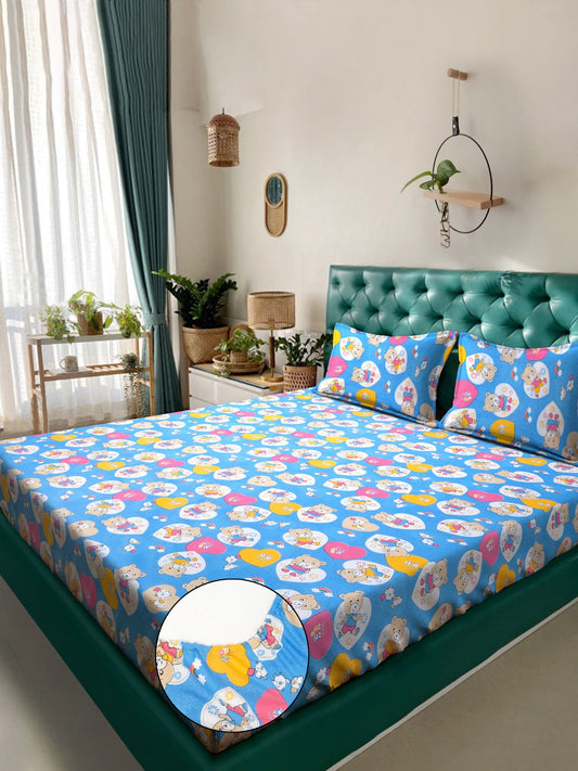 Blue Cartoon Characters 400 TC Pure Cotton Fitted Double Bedsheet with 2 Pillow Covers