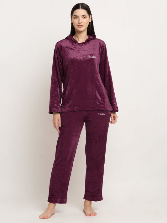 Klotthe Women Maroon Solid Wool Blend Hooded Night Suit