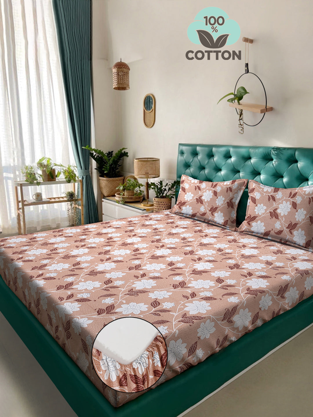 Klotthe Beige Floral 400 TC Pure Cotton Fitted Double Bedsheet with 2 Pillow Covers