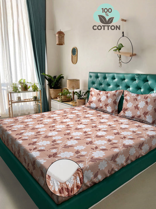 Klotthe Beige Floral 400 TC Pure Cotton Fitted Double Bedsheet with 2 Pillow Covers