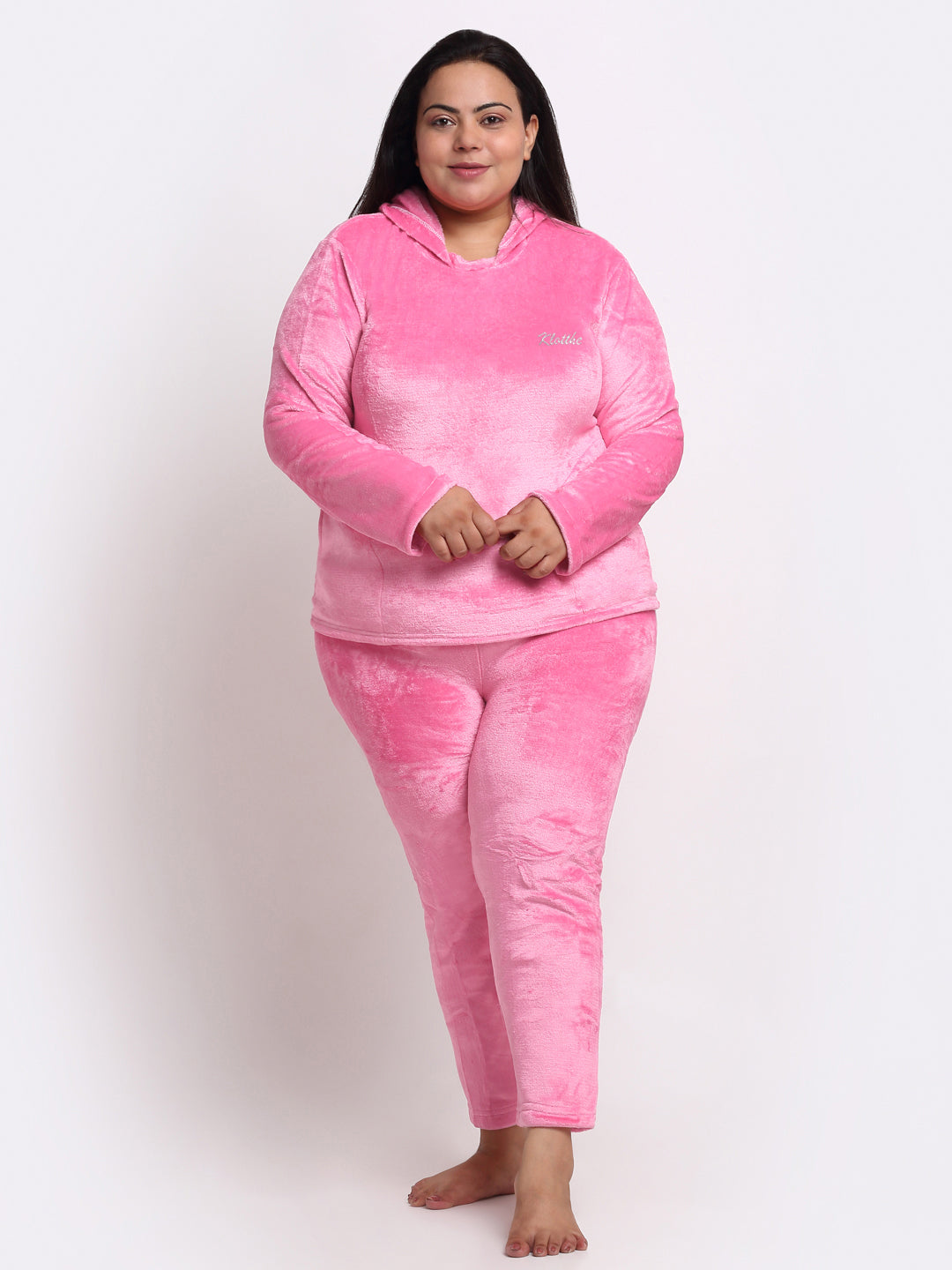 Klotthe Women Light Pink Solid Wool Blend Hooded Night Suit