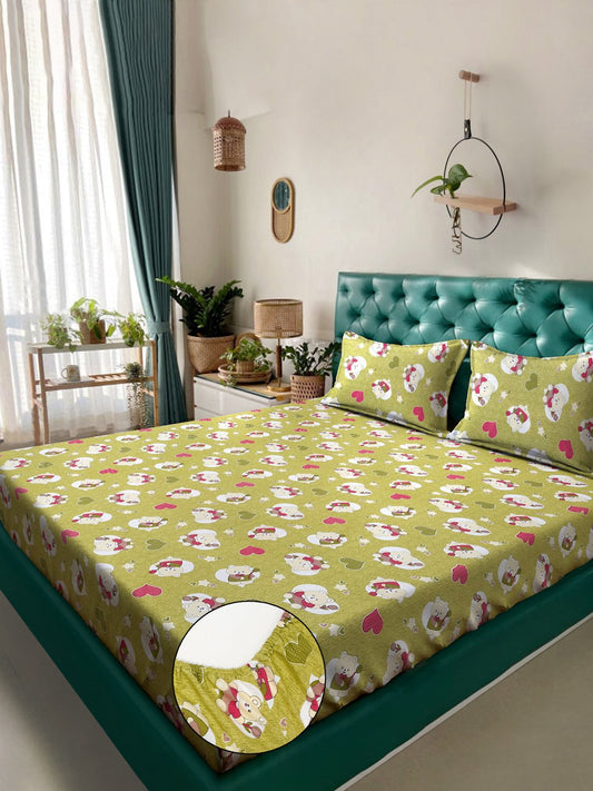 Green Cartoon Characters 400 TC Pure Cotton Fitted Double Bedsheet with 2 Pillow Covers