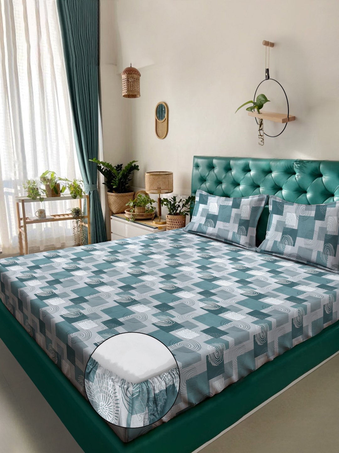 Green Geometric 400 TC Pure Cotton Fitted Double Bedsheet with 2 Pillow Covers