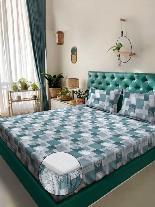Green Geometric 400 TC Pure Cotton Fitted Double Bedsheet with 2 Pillow Covers