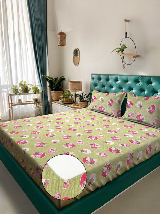 Green Cartoon Characters 400 TC Pure Cotton Fitted Double Bedsheet with 2 Pillow Covers