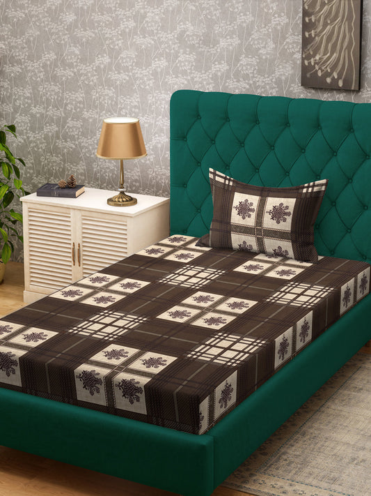Klotthe Brown Geometric 300 TC Cotton Blend Single Bedsheet with Pillow Cover