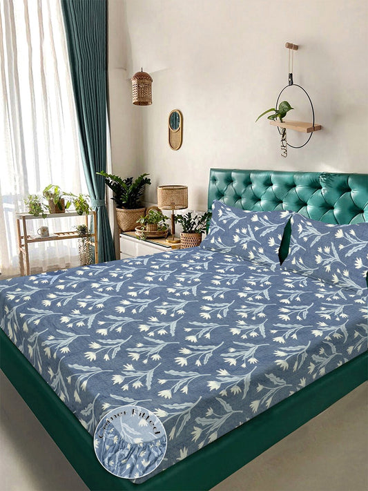 Blue Floral 300 TC Cotton Blend Fitted Double Bedsheet with 2 Pillow Covers