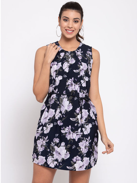 KLOTTHE Blue Floral Printed A- Line Dress