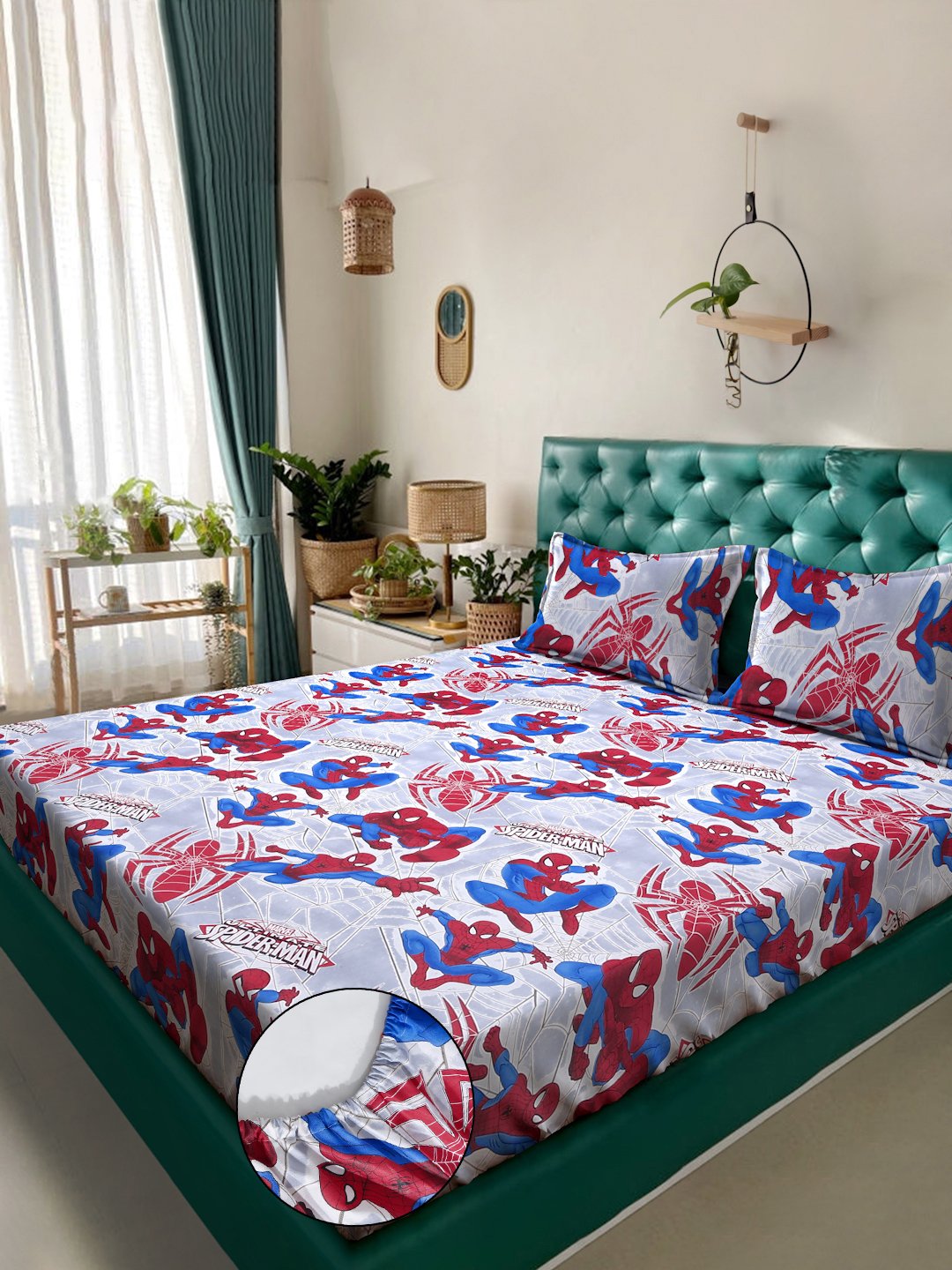 Grey Cartoon Characters 400 TC Pure Cotton Fitted Double Bedsheet with 2 Pillow Covers