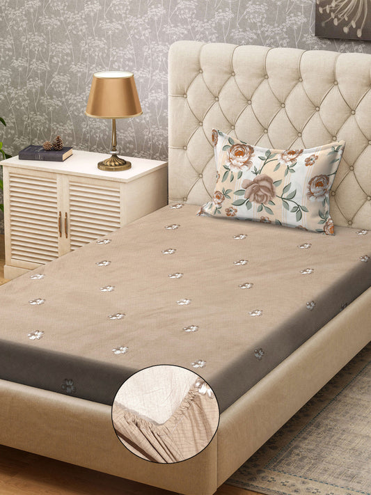 Klotthe Brown Floral 300 TC Cotton Blend Fitted Single Bedsheet with Pillow Cover