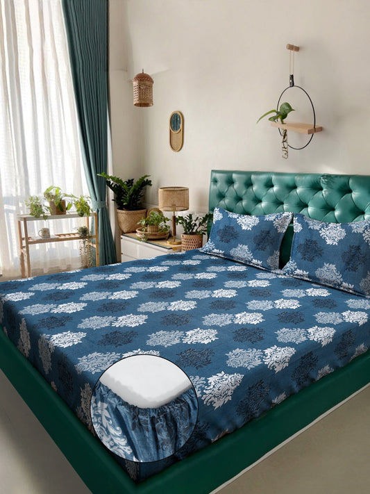 Blue Floral 400 TC Pure Cotton Fitted Double Bedsheet with 2 Pillow Covers