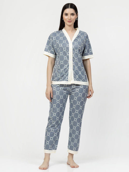 Klotthe Women Grey Geometric Satin Night Suit by KLOTTHE