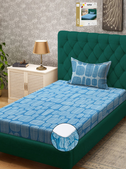 Klotthe Turquoise Geometric 300 TC Cotton Blend Fitted Single Bedsheet Set in Book Fold Packing