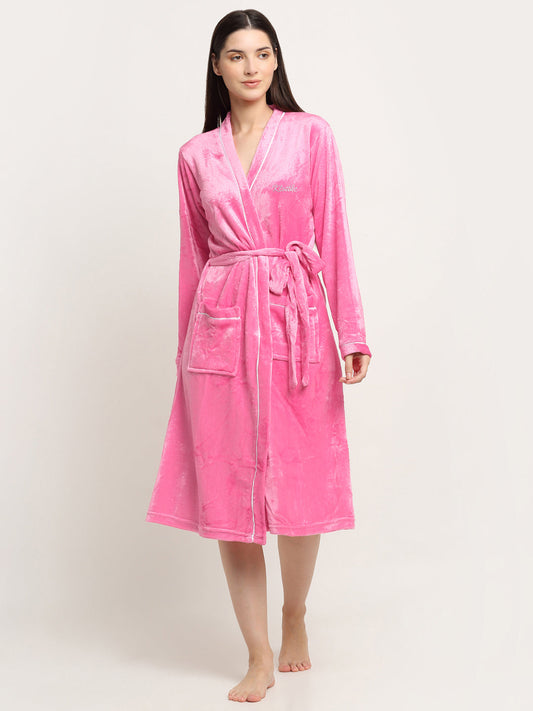 Klotthe Women Light Pink Solid Wool Bath Robe With Belt