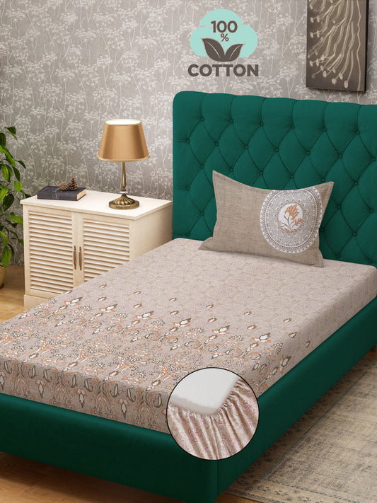 Klotthe Beige Floral 400 TC Pure Cotton Fitted Single Bedsheet with Pillow Cover