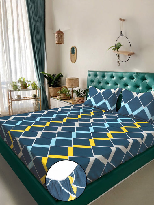 Blue Geometric  300 TC Cotton Blend Fitted Double Bedsheet with 2 Pillow Covers