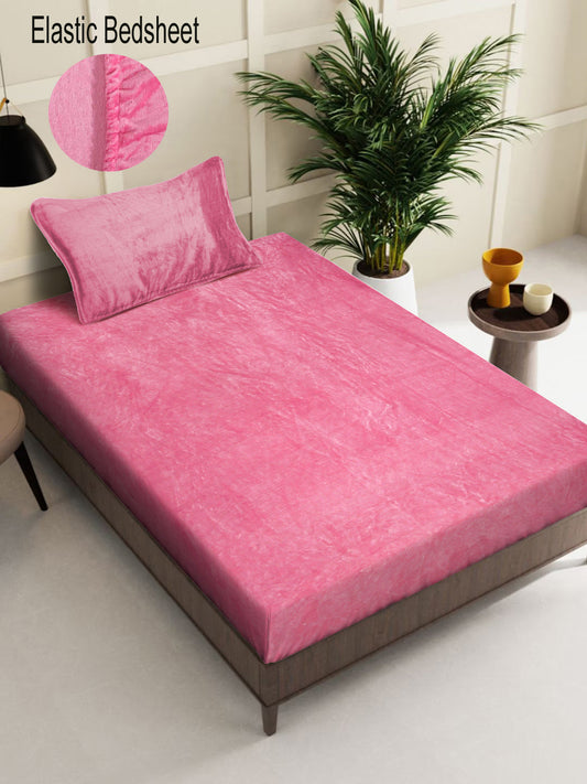 Klotthe Light Pink Solid Woolen Fitted Single Bed Sheet with Pillow Cover