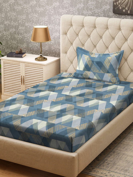 Klotthe Turquoise Abstract 300 TC Cotton Blend Single Bedsheet with Pillow Cover