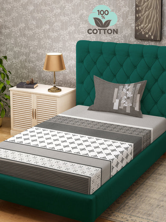 Klotthe Black Geometric 400 TC Pure Cotton Single Bedsheet with Pillow Cover