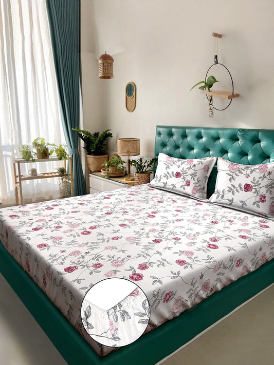 Cream Floral 300 TC Cotton Blend Fitted Double Bedsheet with 2 Pillow Covers