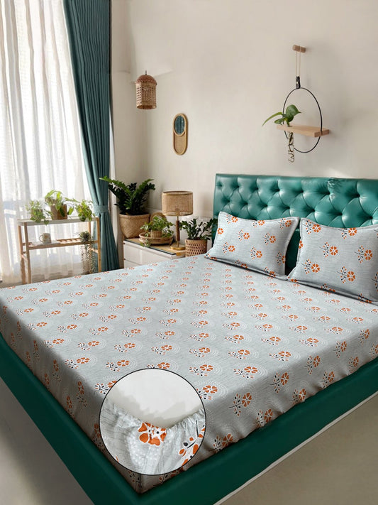 Grey Floral 400 TC Pure Cotton Fitted Double Bedsheet with 2 Pillow Covers