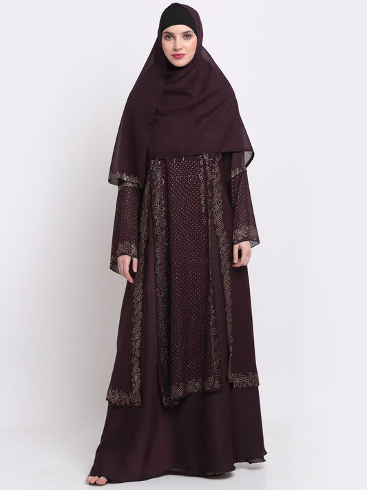 Klotthe Women Burgundy Embellished Burqa With Scarves