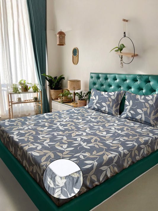 Grey Floral 300 TC Cotton Blend Fitted Double Bedsheet with 2 Pillow Covers