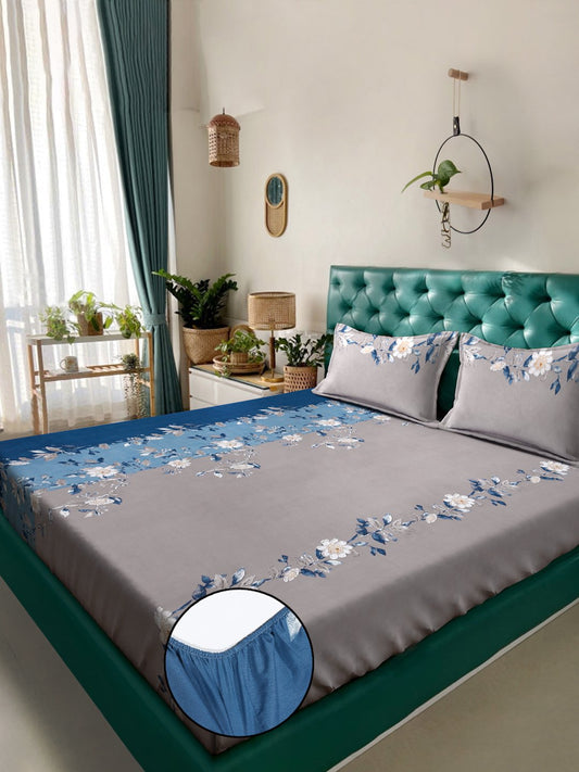 Grey Floral  300 TC Cotton Blend Fitted Double Bedsheet with 2 Pillow Covers