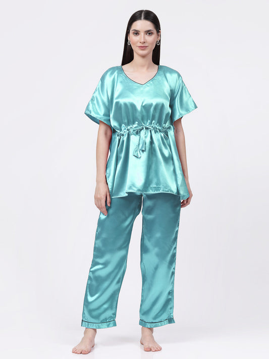 Klotthe Women Sky Blue Solid Satin Kaftan Night Suit by KLOTTHE