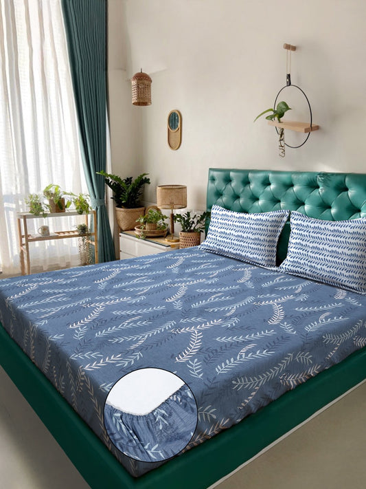Blue Floral 300 TC Fitted Cotton Blend Double Bedsheet with 2 Pillow Covers