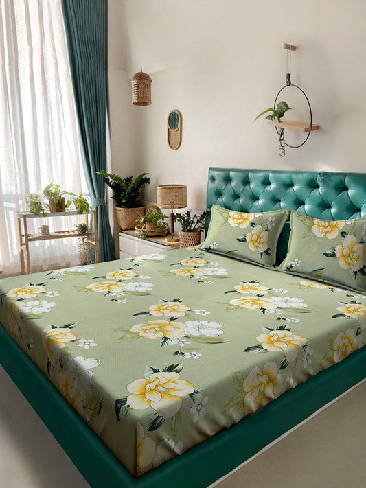 Green Floral  300 TC Cotton Blend Fitted Double Bedsheet with 2 Pillow Covers