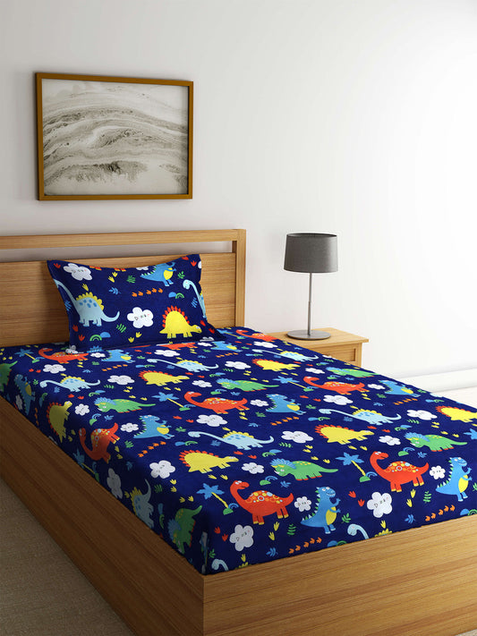Klotthe Blue Kids Print Cotton Blend Single Bedsheet with Pillow cover