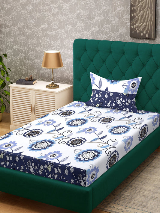Klotthe White Floral 300 TC Cotton Blend Single Bedsheet with Pillow Cover
