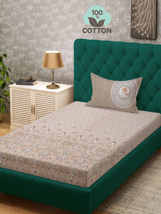 Klotthe Beige Floral 400 TC Pure Cotton Single Bedsheet with Pillow Cover