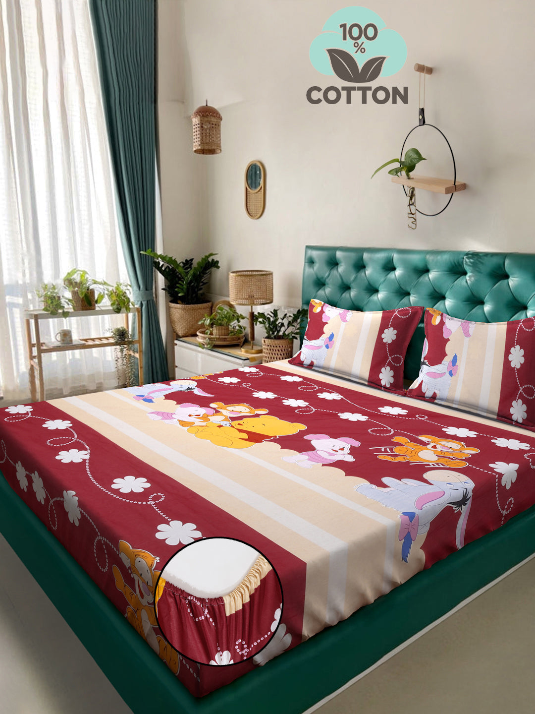Klotthe Blue Cartoon Characters 400 TC Pure Cotton Fitted Double Bedsheet with 2 Pillow Covers